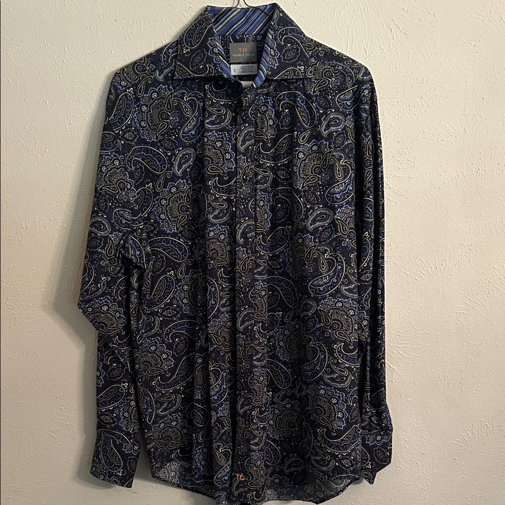 Thomas Dean Blue and Gold Paisley Shirt